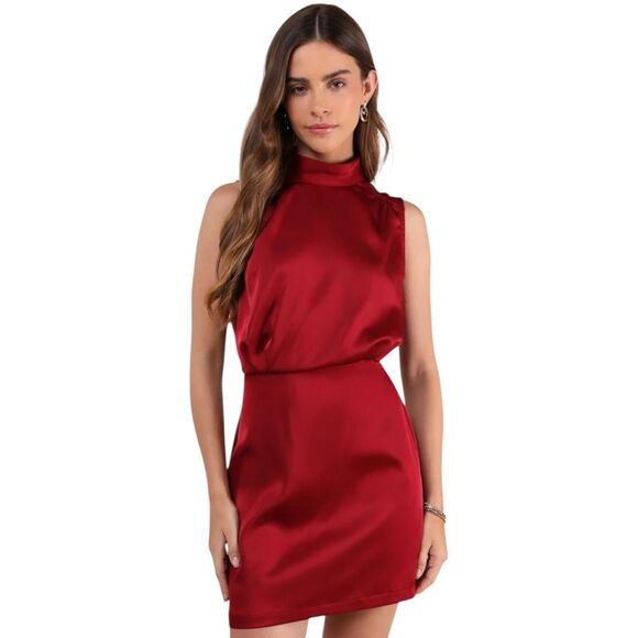 Lulus Classic Elegance Mini Dress Womens XS Satin Sleeveless Mock Neck Red NWT - Picture 1 of 9